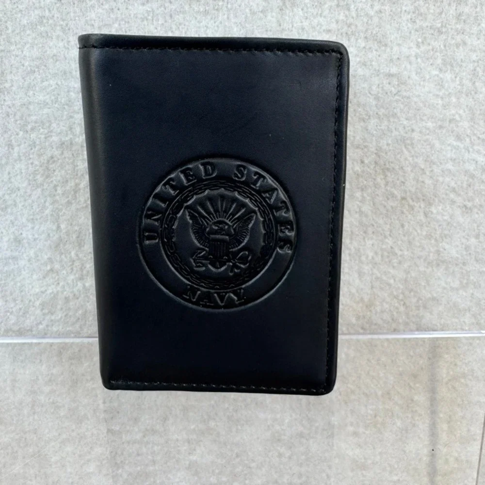 US Navy Black Genuine Leather Mens Trifold Wallet Embossed NWT - Picture 1 of 11